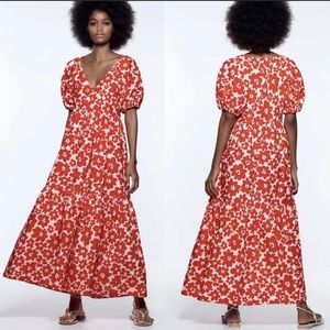 Zara Printed Poplin V-Neck Midi Dress Size XS